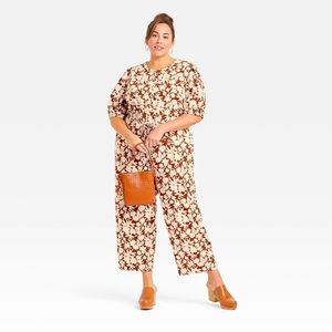 Universal Thread Brown Floral Puff 3/4 Sleeve Jumpsuit